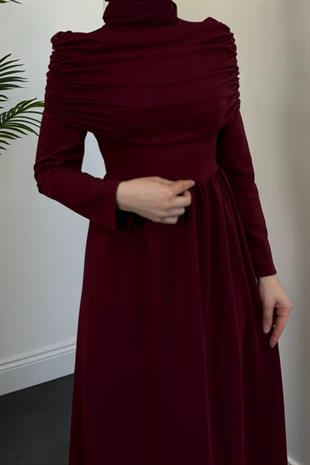 Flora Üstü Pelerinli Elbise Bordo