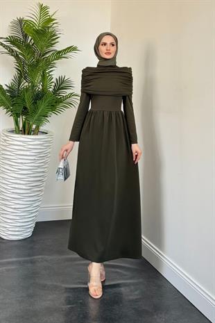 Flora Üstü Pelerinli Elbise Haki