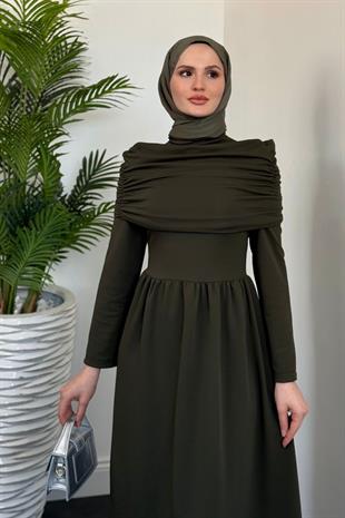Flora Üstü Pelerinli Elbise Haki