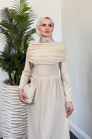 Flora Üstü Pelerinli Elbise Krem