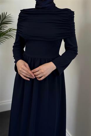 Flora Üstü Pelerinli Elbise Lacivert