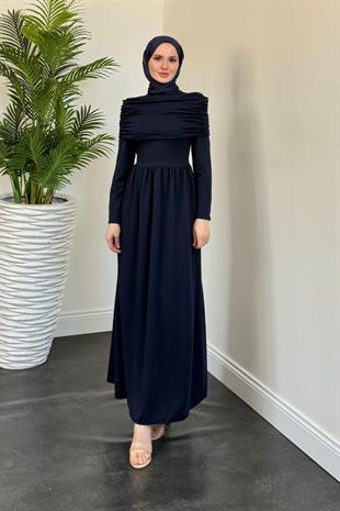 Flora Üstü Pelerinli Elbise Lacivert