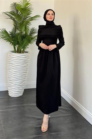 Flora Üstü Pelerinli Elbise Siyah