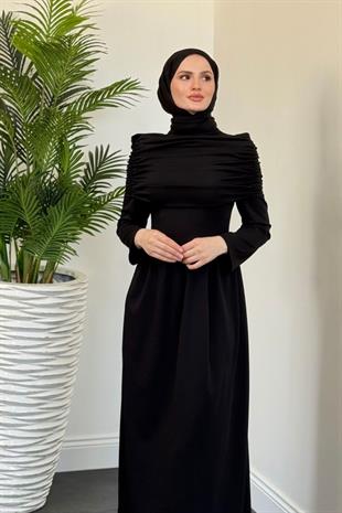 Flora Üstü Pelerinli Elbise Siyah