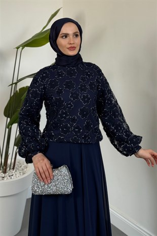 Florella Üstü Papatyalı Taşlı Abiye Lacivert