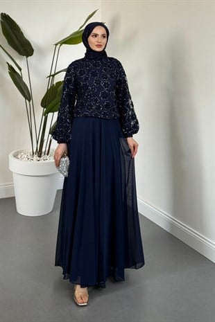 Florella Üstü Papatyalı Taşlı Abiye Lacivert