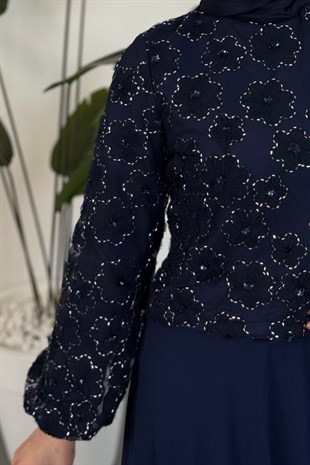 Florella Üstü Papatyalı Taşlı Abiye Lacivert