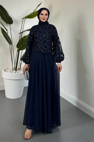 Florella Üstü Papatyalı Taşlı Abiye Lacivert
