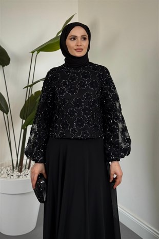Florella Üstü Papatyalı Taşlı Abiye Siyah