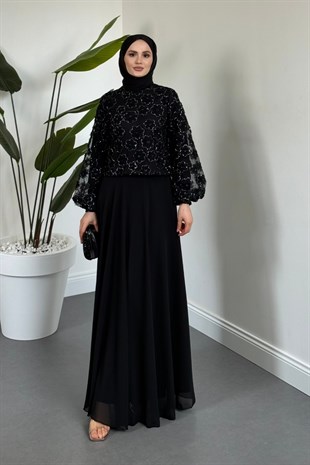 Florella Üstü Papatyalı Taşlı Abiye Siyah