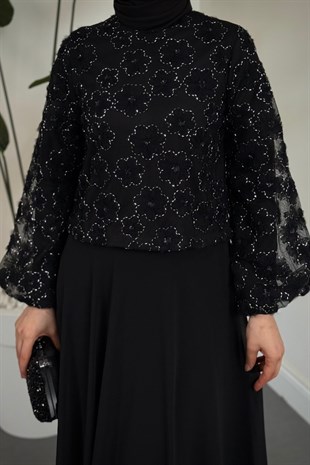 Florella Üstü Papatyalı Taşlı Abiye Siyah
