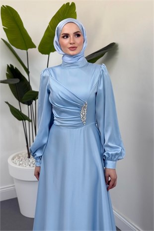 Florentine Taşlı Saten Abiye Bebe Mavisi