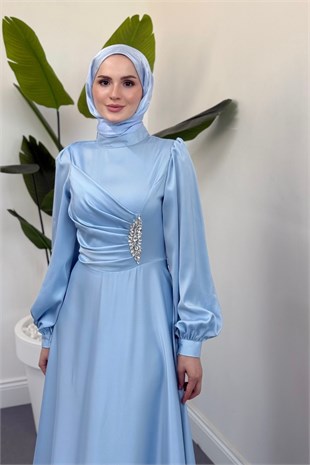 Florentine Taşlı Saten Abiye Bebe Mavisi
