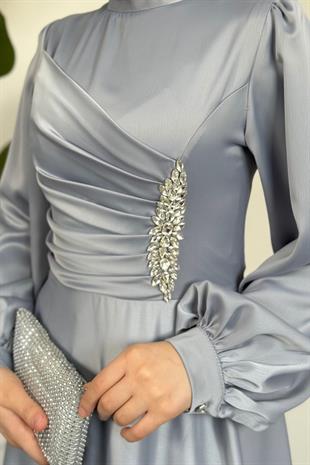 Florentine Taşlı Saten Abiye Gri