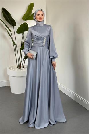 Florentine Taşlı Saten Abiye Gri