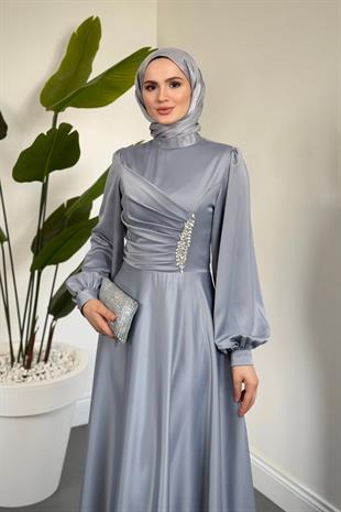 Florentine Taşlı Saten Abiye Gri