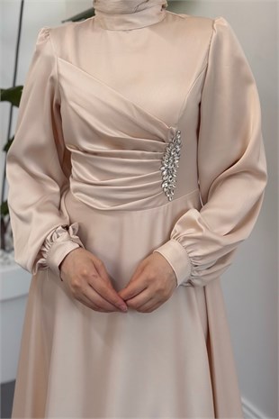 Florentine Taşlı Saten Abiye Krem