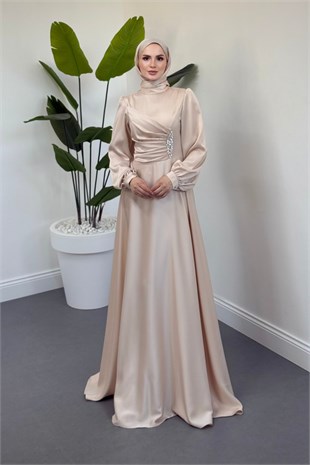 Florentine Taşlı Saten Abiye Krem