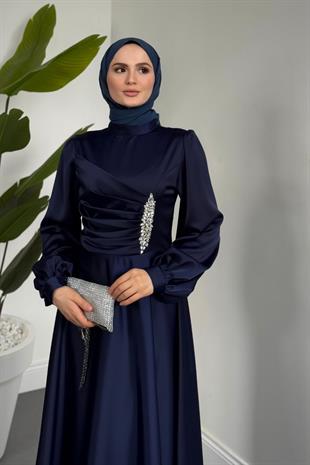 Florentine Taşlı Saten Abiye Lacivert
