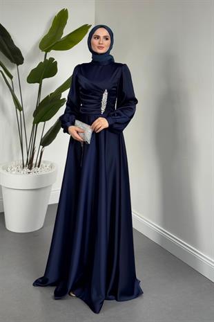 Florentine Taşlı Saten Abiye Lacivert