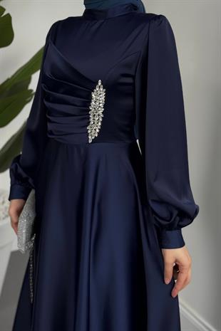 Florentine Taşlı Saten Abiye Lacivert