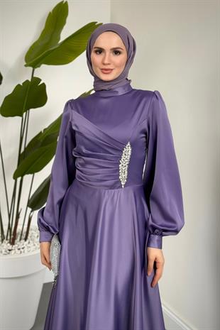 Florentine Taşlı Saten Abiye Lila