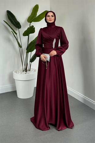 Florentine Taşlı Saten Abiye Mürdüm