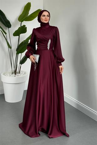 Florentine Taşlı Saten Abiye Mürdüm