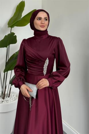 Florentine Taşlı Saten Abiye Mürdüm