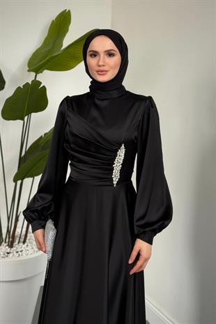 Florentine Taşlı Saten Abiye Siyah