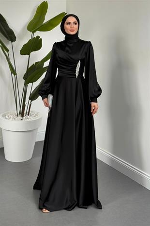 Florentine Taşlı Saten Abiye Siyah