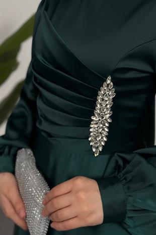 Florentine Taşlı Saten Abiye Zümrüt