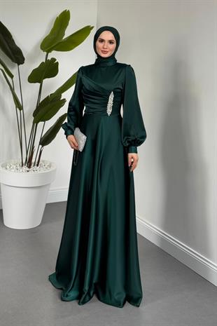 Florentine Taşlı Saten Abiye Zümrüt