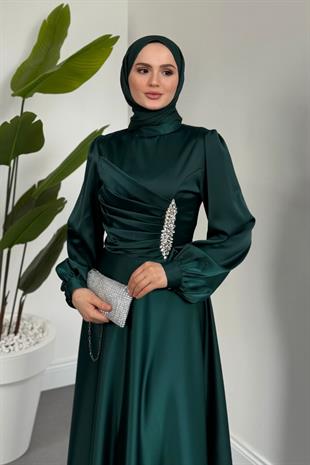 Florentine Taşlı Saten Abiye Zümrüt