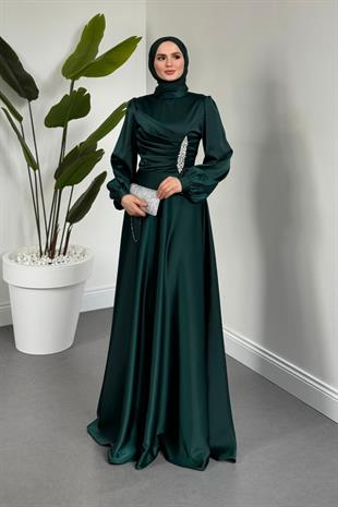 Florentine Taşlı Saten Abiye Zümrüt