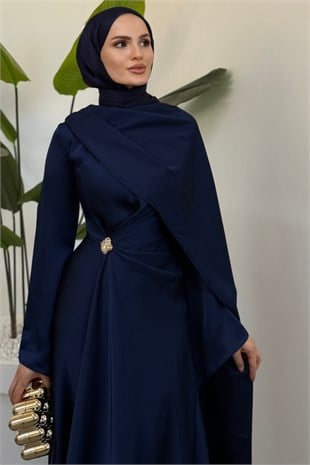 Franzıska Seyyar Broşlu Saten Abiye Lacivert