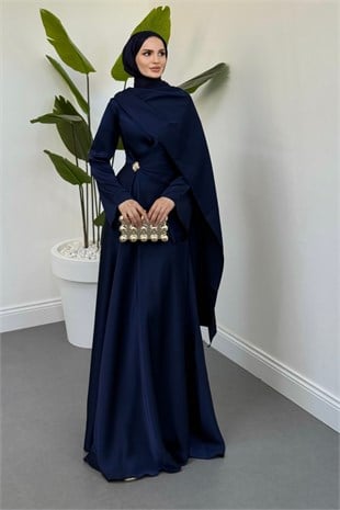 Franzıska Seyyar Broşlu Saten Abiye Lacivert