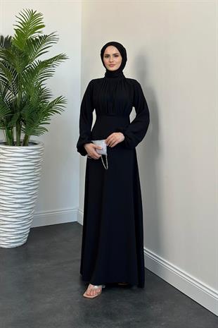 Frencesca Üstü Drape Kloş Krep Elbise Siyah