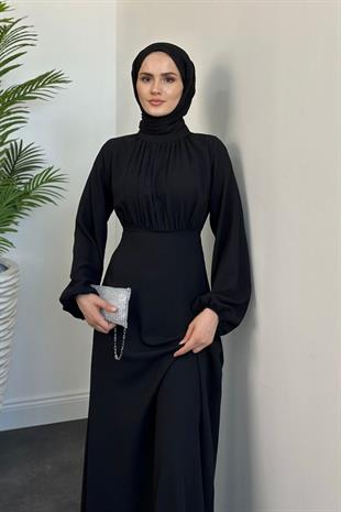 Frencesca Üstü Drape Kloş Krep Elbise Siyah