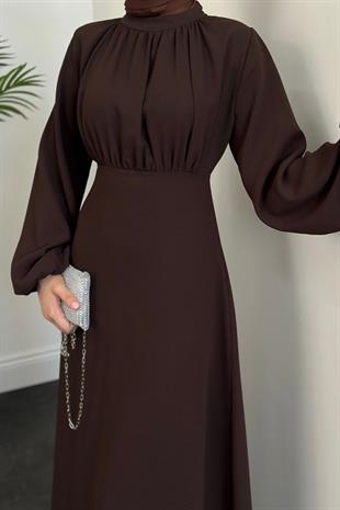 Frencesca Üstü Drape Kloş Krep Elbise Kahverengi