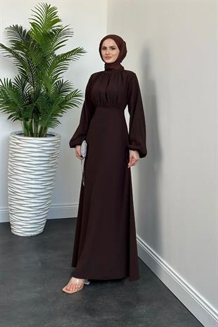 Frencesca Üstü Drape Kloş Krep Elbise Kahverengi