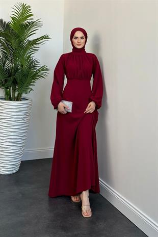 Frencesca Üstü Drape Kloş Krep Elbise Bordo