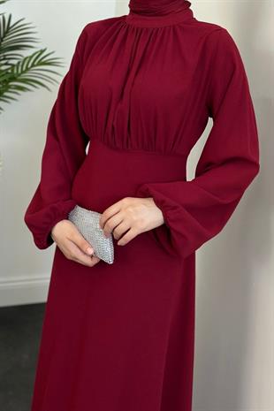 Frencesca Üstü Drape Kloş Krep Elbise Bordo