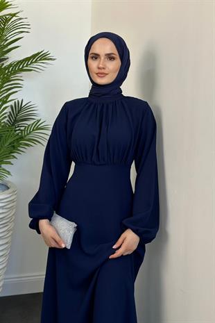 Frencesca Üstü Drape Kloş Krep Elbise Lacivert