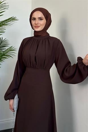 Frencesca Üstü Drape Kloş Krep Elbise Kahverengi