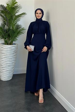 Frencesca Üstü Drape Kloş Krep Elbise Lacivert