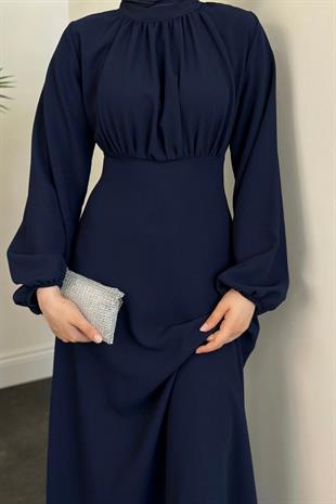 Frencesca Üstü Drape Kloş Krep Elbise Lacivert