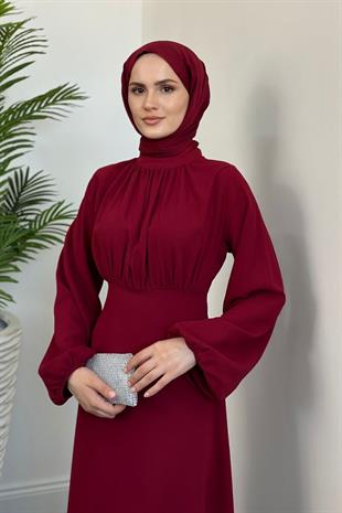 Frencesca Üstü Drape Kloş Krep Elbise Bordo