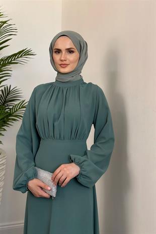 Frencesca Üstü Drape Kloş Krep Elbise Su Yeşili