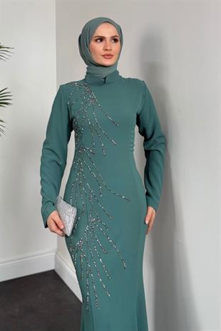 Frezya Yanı Taşlı Balık Abiye Mint